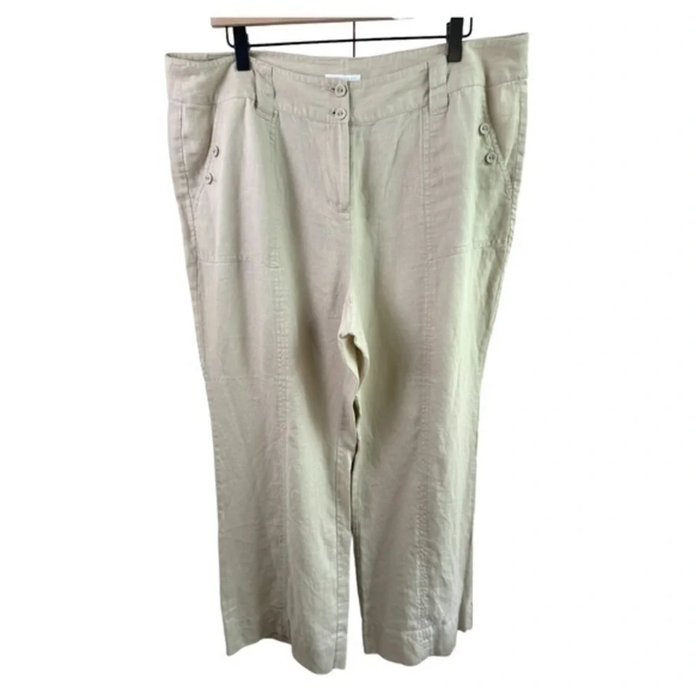 Charter Club Pants Womens 16W Petite Linen Katherine Fit Wide Leg Beige Buttons - Picture 1 of 11